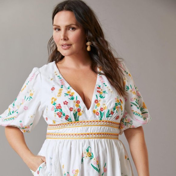 Anthropologie Deep-V Floral Embroidered Mini Dress Size 2XL White - Picture 3 of 13